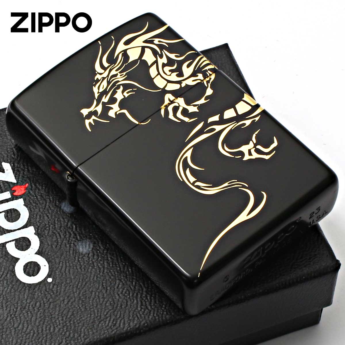 Zippo ジッポー 龍 ドラゴン 2面連続加工 ブラックマット 金サシ Tiger