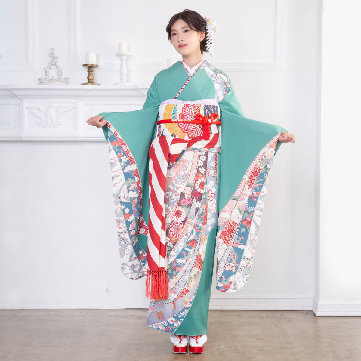 振袖：R786 薄緑 吉祥熨斗文様☆(絹)(宅)│ 振袖レンタル │ 京都着物