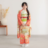 七五三七歳四つ身：N146 吉澤の友禅 【正絹】朱×白 雲取りに吉祥文