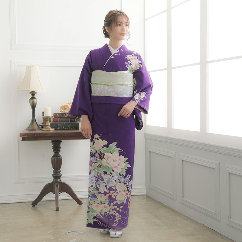 訪問着：H478 ジャパンスタイル 紫 牡丹と百合| 訪問着レンタル