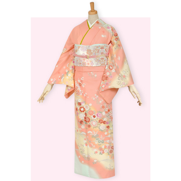 訪問着：H506 サーモンピンク 波に四季花| 訪問着レンタル │ 京都着物