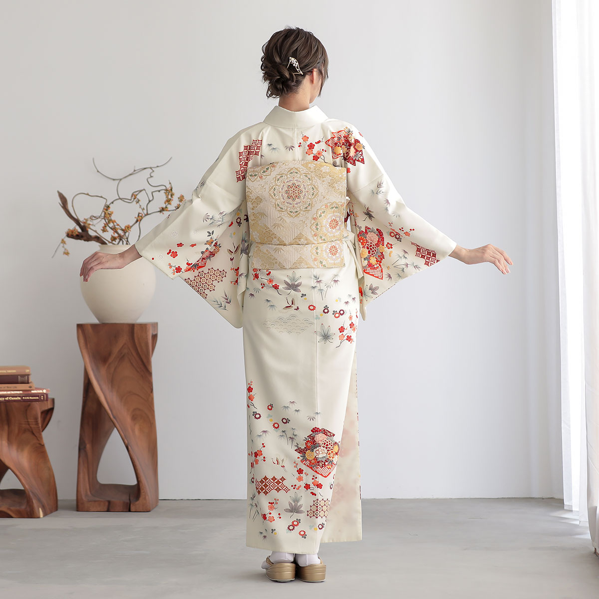 訪問着：H975 ジャパンスタイル オフホワイト 松川菱に鶴松竹梅(H1002