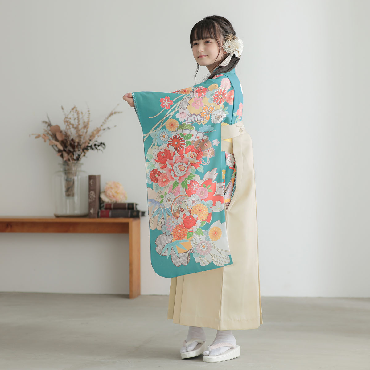 四つ身＋袴レンタル：N141 浅葱色 花の扇面に手毬│ 袴レンタル