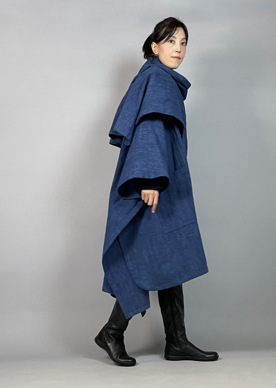 備後絣】藍染め インフィニティ・ケープコート 厚地ダンガリー 紺
