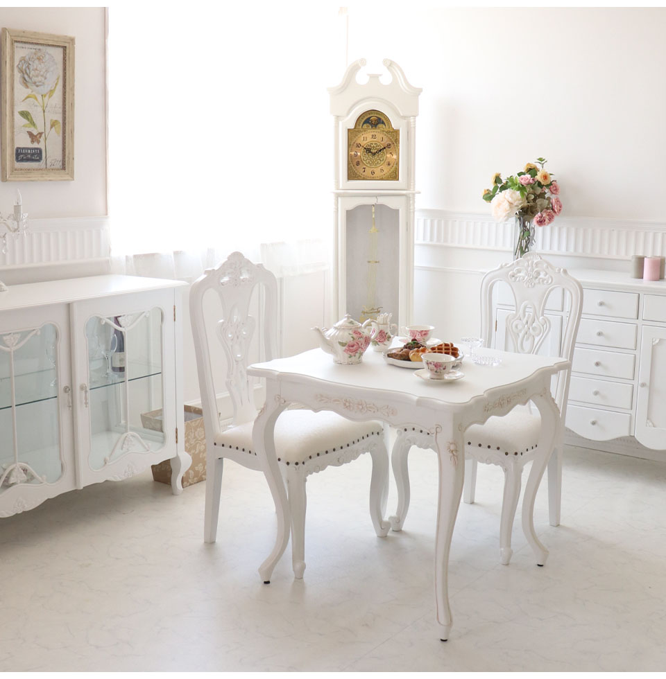 英国調 コンパクトダイニングセット 3点 輸入家具 白家具 姫系 猫脚