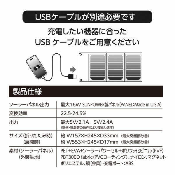 販売終了】ポータブルソーラー充電器 16W IP65準拠 AJ-NSOLAR16W