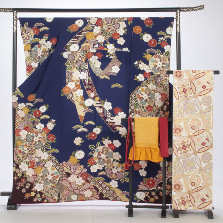 f0619027r2】【青・紺系】振袖 レンタル フルセット Mサイズ 成人式