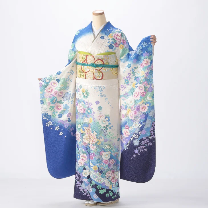 f8025008r】【白・グレー系】振袖 レンタル フルセット Lサイズ ほぼ