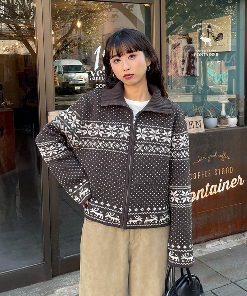 カーディガン ノルディック柄ジップニットカーデ レディース