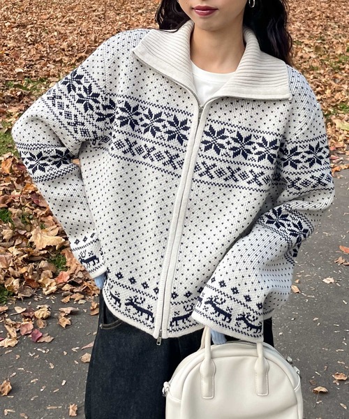 カーディガン ノルディック柄ジップニットカーデ レディース