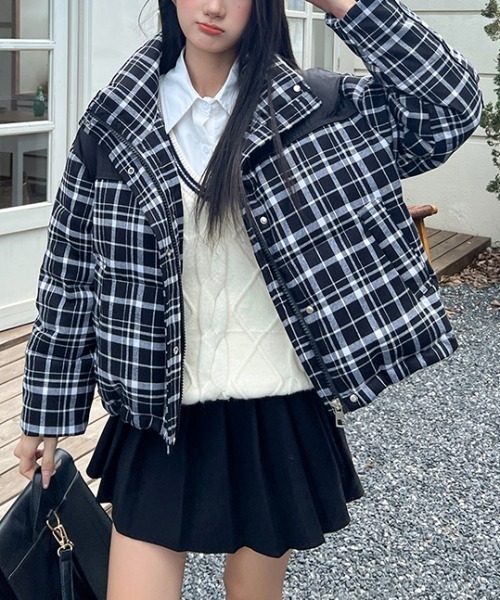 FAVORITO ダウンコート ダウンジャケット 切り替えチェック柄ジップス