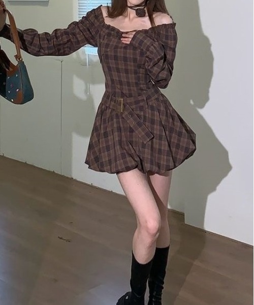gossip!ロサンゼルス ワンピース Y2K チェック柄オフショルダーミニ