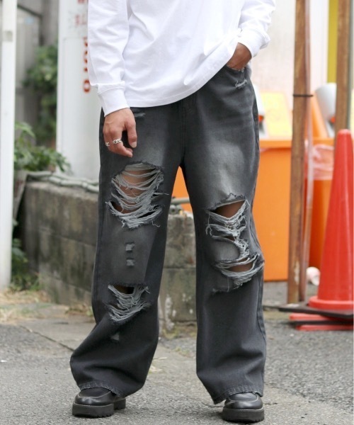 ジーンズ ハードダメージ ワイドストレート デニムパンツ オーバーダイ