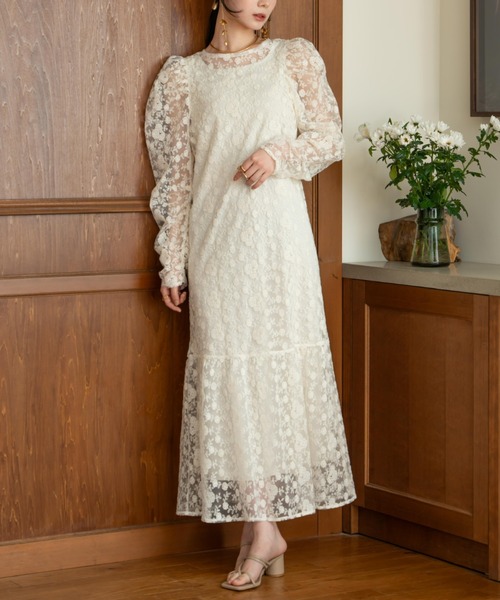 hinari（ヒナリ） ワンピース フラワー刺繍チュールレースワンピース