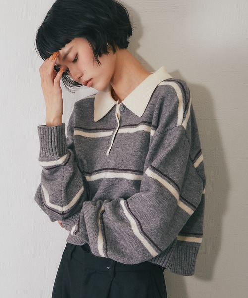ニット セーター 配色ストライプポロニット レディース : ZOZOTOWN