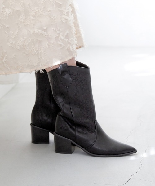 menue（メヌエ） ブーツ 刺繍入り ウエスタンブーツ レディース