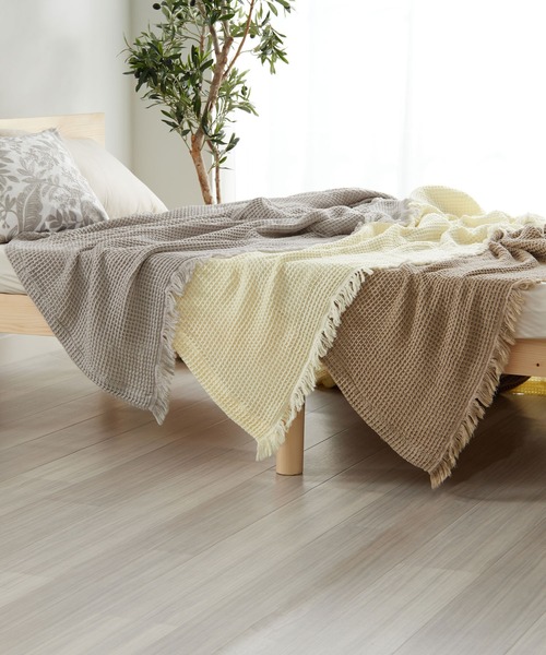 iellio ブランケット 綿素材のワッフルマルチカバー / フリンジ ソファ