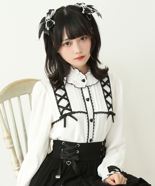 DearMyLove ブラウス シャツ レースアップフリル襟ブラウス レディース