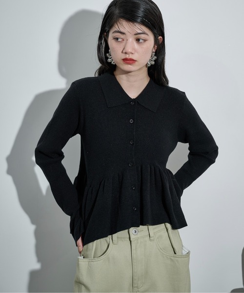 THE Yon カーディガン ペプラムリブニットポロカーディガン レディース