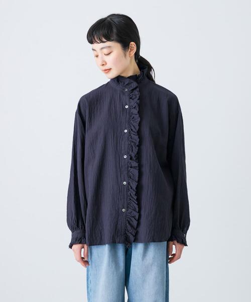 かぐれ ブラウス シャツ コットンリネンフリルカラーシャツ レディース