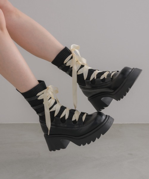 ブーツ lace up socks boots/リボン編み上げ厚底ブーツ レディース