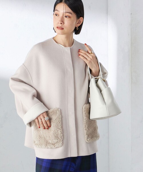 SHIPS（シップス） ノーカラーコート コート リバー ファー ポケット