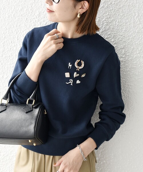 SHIPS any トレーナー スウェット any:「手洗い可能」裏起毛 ビジュー