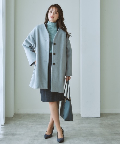 ニッセン（nissen） ノーカラーコート S サックスブルー レディース