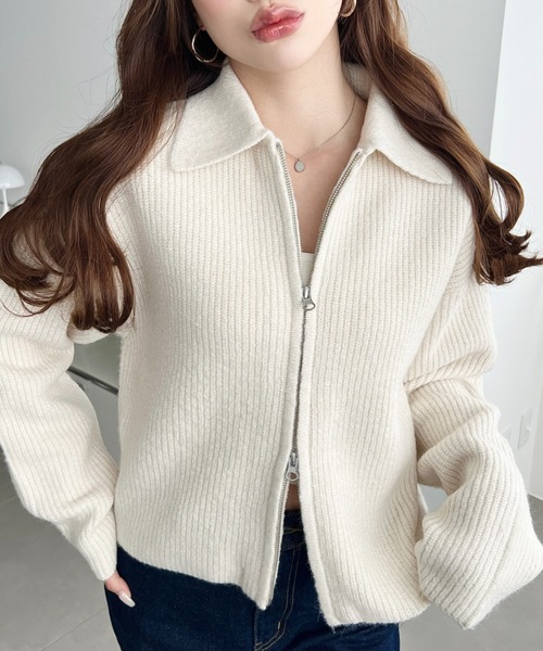 moment+ カーディガン ダブルジップえり付きざっくりニット