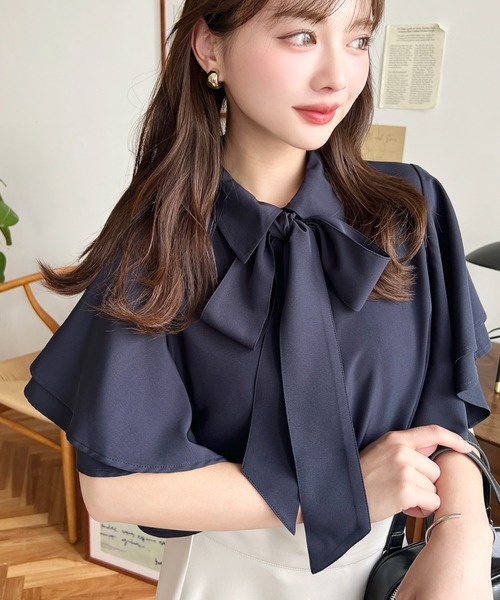 moment+ ブラウス シャツ ボウタイ取り外し半袖フリルシャツブラウス