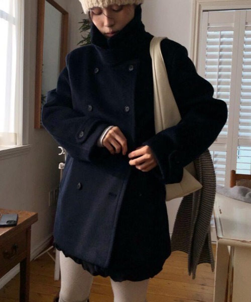 ピーコート pコート ダブルブレスト高襟モールコート レディース