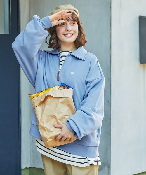 トレーナー スウェット ナンバリングワンポイント刺繍ハーフジップ