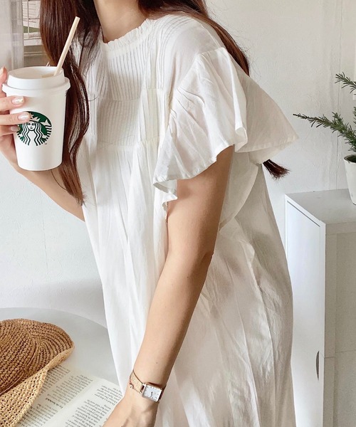 andme（アンドミー） ワンピース インド綿ピンタックフレンチスリーブ