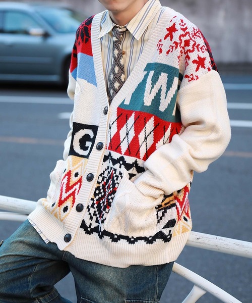 カーディガン 「HOOK」パッチワーク柄ニットカーディガン メンズ