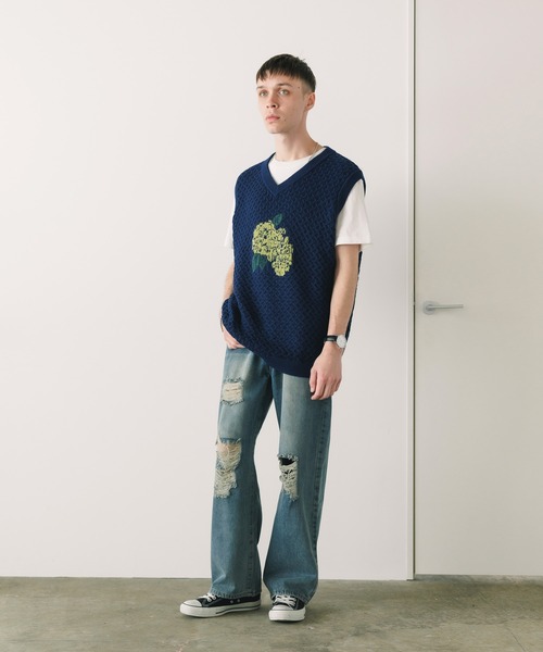 FREE MAX ベスト ジレ FREE MAX Flower Design Knit Vest 花柄 ニット