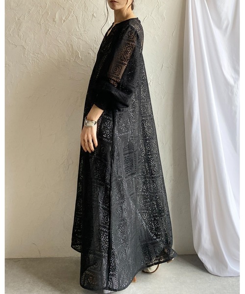 She's Closet ワンピース クロシェ編み風ブロックレースボリューム