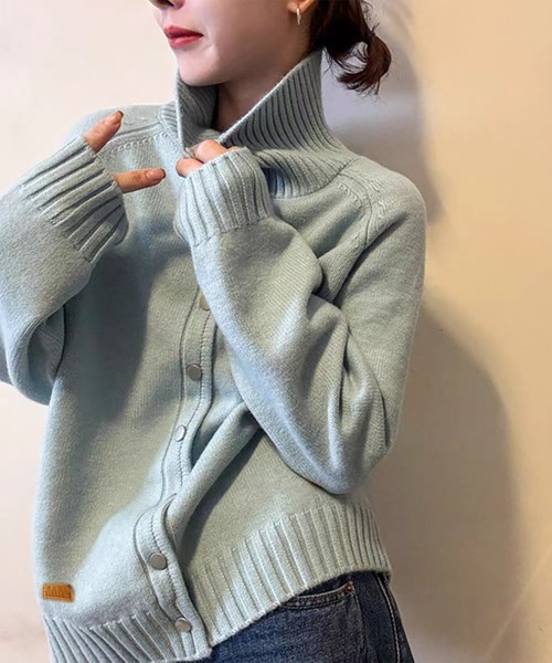カーディガン ハイネックリブ切り替えニットカーディガン レディース