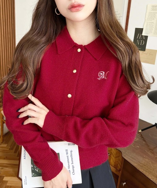 moment+ カーディガン 刺繍入り金ボタン衿付きカーディガン レディース