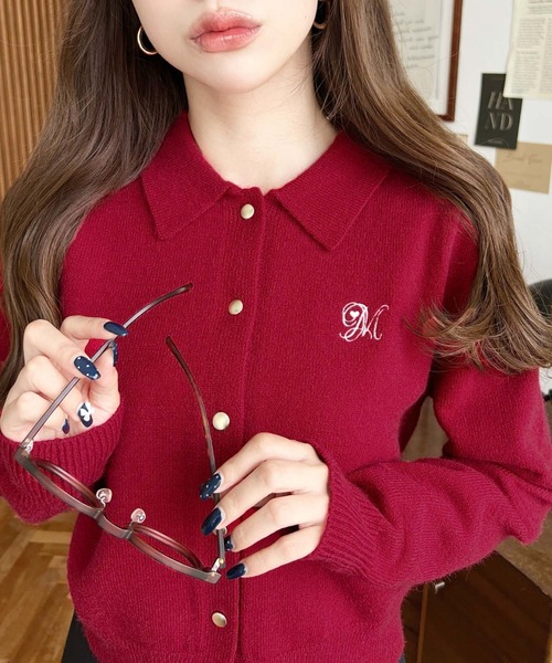 moment+ カーディガン 刺繍入り金ボタン衿付きカーディガン レディース