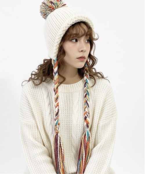 ニット帽 ニットキャップ 「HIKA」ポンポン付きタッセル編み込み