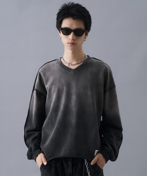 PLAN To トレーナー スウェット Aged Cropped Gradation V-neck Sweat