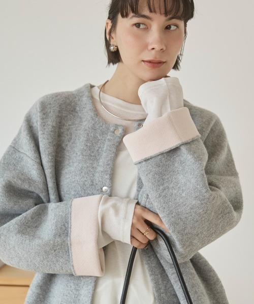 ANGIE カーディガン ノーカラー 配色 ニットコート レディース