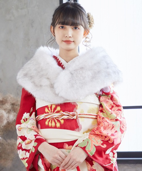 KIMONOMACHI レディース 成人式 ショール「ホワイト・ブラック・グレー