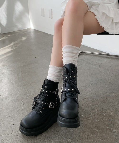 lilful ブーツ スタイル盛れ ダブルベルト スタッズアクセント レース