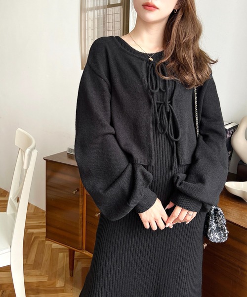 moment+ ワンピース 「セットアップニット」前後2WAYリボンミックス