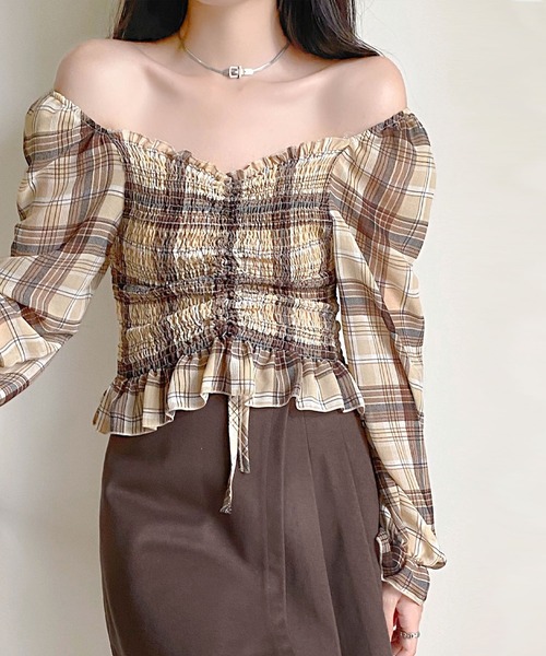 Sibra（シブラ） ブラウス シャツ チェック柄フリルギャザーブラウス