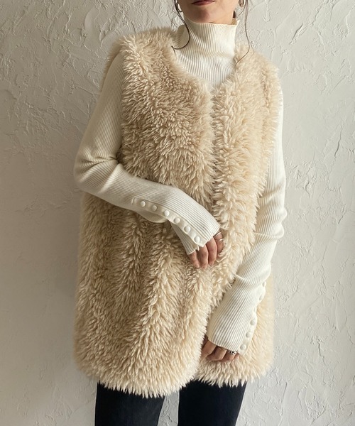 She's Closet ベスト ジレ ノーカラーボリュームプードルファーベスト