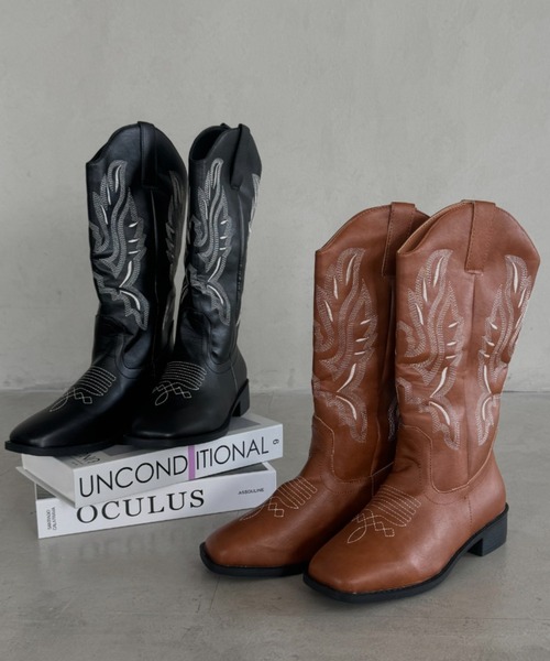 ブーツ 刺繍 ウエスタンミドルブーツ アメカジブーツ レディース