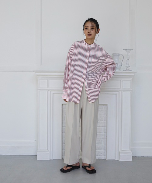 feepur（フェピュール） ブラウス シャツ ノーカラーストライプビッグ