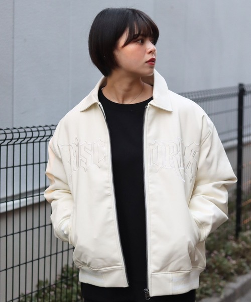 スタジャン フロントロゴ刺繍フェイクレザースタジャン メンズ